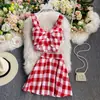 Conjunto de Dos Piezas de Verano para Mujer, Nuevo, Sexy, sin Espalda, Chaleco a Cuadros, Tirantes, Tubo Superior, Crop Top, Plisado, Transfronterizo