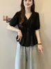 Ropa de mujer talla grande más vendida en el Sudeste Asiático: Nueva camisa elegante de manga corta con cintura entallada, top plisado de moda estilo francés