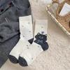Meias de Inverno para Mulheres, Meias Grossas Quentes de Lã até a Panturrilha, Meias Largas Estilo Coreano com Bordado de Gatinho Fofo, Série Cinza Meias Femininas