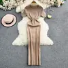 Vestido curto de manga curta com gola redonda em seda gelada, estilo coreano moderno, vestido longo justo de malha elástica, estilo europeu e americano, bodycon slim-fit
