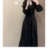 Estilo de Trajeto Transfronteiriço Decote V Manga Bufante Poá Cintura Longa Ajuste Afinando Outono e Inverno Nova Roupa Íntima Saia Evasê Saia Longa Feminina