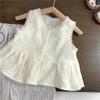 Traje de verano para niñas Nuevo Top sin mangas de encaje calado para bebé Pantalones de verano a cuadros de pierna ancha para mujer para comercio exterior