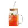 Vaso de vidrio cuadrado para pajilla, vaso para jugo de limón, vaso de vidrio de gran capacidad con asa, vaso de vidrio transparente de borosilicato alto con tapa
