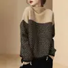 Suéter de punto retro con bloques de color y cuello medio alto, nuevo estilo transfronterizo de otoño e invierno, diseño holgado y casual, suéter de punto para usar en capas