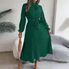 Amazon Transfronterizo Primavera y Otoño Nueva Ropa de Mujer Color Sólido Cuello Alto Manga Larga Cintura Plisada Ceñidor Elegante Vestido