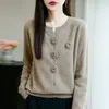 Suéter 100% Lã Pura Feminino Gola Redonda Cardigan Tricotado Quatro Rosas Crochê Feito à Mão Suéter Cardigan de Manga Longa
