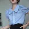Tiro Real Camisa Azul Mujer Cuello de Muñeca Verano Pequeña Camisa Francesa Mujer Dulce Top de Manga Corta