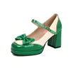 Elegantes Zapatos Mary Jane con Ribete de Encaje y Moño Bloqueado por Color, Boca Baja, Tacones Gruesos Altos, Tallas 32-48, Zapatos de Exportación