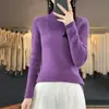 Suéter de punto sin costuras de una sola pieza 100% lana con cuello semialto acanalado, suéter de manga larga de color liso para mujer, camiseta base de punto