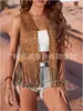 Chaleco hippie con flecos para mujer, cárdigan sin mangas de apertura frontal, chaqueta estilo western de mezclilla con flecos de ante sintético