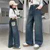 Calça Jeans Forrada com Fleece para Meninas Outono e Inverno 2025 Novo Estilo Menina Grande Calça de Fleece de Perna Larga Calça Quente de Inverno