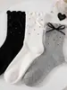Calcetines de Lunares Estilo Ballet para Mujer, Calcetines de Media Pantorrilla, Calcetines de Algodón Transpirables de Malla Fina de Verano, Calcetines Largos Holgados de Verano con Lazo