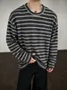 Camiseta Listrada de Manga Longa Estilo Retro Americano Transfronteiriço Preguiçoso Masculina e Feminina Outono Solta Gola Redonda Camada Base Top de Alta Qualidade