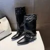 Botas de Mujer hasta la Rodilla con Tacón Grueso 2026 Otoño Nuevo Estilo Hebilla Remaches Vintage Punta Cuadrada Caña Ancha Botas de Caballero