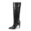 Botas de alta qualidade com estampa de crocodilo, botas europeias e americanas de bico fino para mulheres, botas de cano alto com salto gatinho até o joelho, mangas grossas