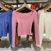 Playera Corta de Algodón Acanalado con Cuello Cuadrado para Mujer (Camiseta Corta de Base de Cintura Alta) 456002