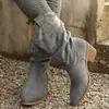 Otoño/Invierno 2026 Botas Vaqueras Western de Ante de Vaca Punta Redonda sin Cordones Más Terciopelo Tacón Grueso Botines Cortos Apilados Talla Grande para Mujer 43