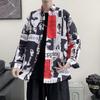 Camisa Estampada com Poster Vintage Masculina Manga Longa Primavera e Outono Nova Moda Solta Gola Polo Forro Roupas