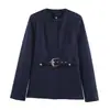 Comércio Exterior Europeu e Americano Outono Nova Moda Feminina Blazer Slim de Cor Sólida com Cinto Calça Casual de Cintura Alta Conjunto