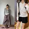 DestacadoRanzhi 26 Nuevo Estilo de Principios de Otoño Acetato Tencel Ultra-Suave Gasa Ligero de Manga Larga Cuello Solapa Tejido