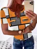 Sitio Independiente de Dropshipping Europeo y Americano Transfronterizo Amazon Ropa para Mujer Bloques de Color Estampado a Cuadros Manga Corta Nuevo Cremallera Cuello Redondo Top