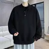 Moletom retrô estilo japonês com gola Henley, casual outono/inverno masculino oversized, caimento solto, versátil, cor sólida, pulôver estiloso