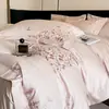 Juego de cuatro piezas de algodón de fibra larga de 100 hilos, funda nórdica bordada de lujo ligero 100% algodón, sábana plana, sábana bajera ajustable, juego de ropa de cama de algodón puro de alta gama 4