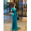 Vestido de Manga Larga con Cuello en V Estilo Francés para Mujer Madura, Otoño, Transfronterizo, Ceñido a la Cintura, Adelgazante, Ajustado a las Caderas, Falda Larga de Cola de Pez