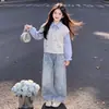 Sudadera de Dos Piezas Falsas Estilo Universitario 2026 con Diseño Elegante y Único, Jeans con Estampado de Estrellas, Conjunto de Dos Piezas para Primavera y Otoño