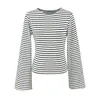 Camiseta de Manga Larga Rayada Cuello Redondo Mangas Acampanadas Estilo Puro Deseo 2026 Otoño Nueva Moda Versátil Ajustada Prenda Base