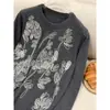 Top de punto de lana floral retro para mujer, nuevo de primavera 2026, cuello redondo, estilo holgado y perezoso