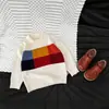 Suéter Retro de Bloques de Color con Cuello para Niños Ropa de Otoño Bebé Tejido de Punto a Cuadros de Color Contrastante Niños y Niñas Suave y Pegajoso Top de Capa Base