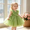 Ropa Europea y Americana para Niños Ropa para Bebé Fiesta de Cumpleaños del Primer Mes Bautizo Vestido Ropa Infantil Mangas Cortas Volantes Vestido de Princesa de Gasa de Vidrio Satinado