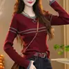 Tecido de fio de núcleo, top de malha listrado vermelho de manga comprida, best-seller de outono, plus size, modelador e elegante, para usar por baixo.