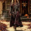 Vestido Largo de Fiesta Vintage Oscuro para Mujer con Estampado de Calavera Gótica y Rosas, Cuello en V, Manga Larga, Estilo Halloween