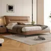 Cama de Couro Genuíno com Luzes Minimalista Moderna Quarto Principal Cama de Casamento Dupla High-End Grande Luxo Minimalista Quarto Nórdico Cama Minimalista Estofada