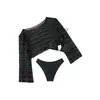 Nuevo Cubre-traje de Malla Europeo y Americano Protección Solar Ropa de Playa Traje de Baño Amazon Bikini Sexy de Manga Larga Conjunto de Tres Piezas para Mujer