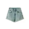 Shorts de mezclilla azul claro para mujer, de cintura alta, estilo de verano delgado, talla grande, para figuras petite y curvilíneas, adelgazantes, hot pants de línea A
