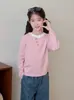Camiseta de Manga Larga para Niña Algodón Puro 2026 Primavera Nueva Moda Cuello Redondo Color Sólido Tallas Mediana y Grande Niños Falso Dos Piezas Top para Niños