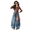 Jeans Retrô Wide Leg Solto High Street para Meninas Outono Novo Estilo Design Americano Calças de Perna Curva com Caimento Cintura Média Tendência