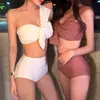 Nuevo Traje de Baño para Mujer Color Sólido Dividido de Cintura Alta de un Hombro Sexy de Cintura Alta Espalda Descubierta Pequeño Fragante para Aguas Termales Casual