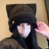 Versátil y moderno gorro de punto cálido estilo coreano para mujer, con orejas de peluche para proteger los oídos, lindo y favorecedor para la cara, gorro de punto con orejas de gato para otoño e invierno