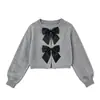 Elegante cárdigan de punto estilo coreano para niñas con lazo, versátil y elegante, cárdigan de cuello redondo de corte holgado para niños mayores
