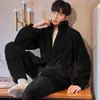 Pijama de Pelúcia de Inverno Masculino Cabelo Longo Lã de Coral Quente Cardigã com Zíper Conjunto de Flanela Conjunto