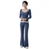 Conjunto de Roupa de Yoga Feminina, Conjunto Fitness Casual de Manga Longa Emagrecedor, Usável para Pilates ao Ar Livre, Conjunto Esportivo de Cintura Alta e Levanta Bumbum