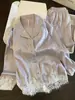 Pijama Morado Hielo de Seda Francés para Mujer, Nuevo Estilo Primavera/Otoño, Tallas Grandes, Ribete de Encaje, Cárdigan, Ropa de Casa de Lujo Ligero, Conjunto de Dos Piezas