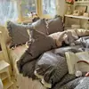 Juego de Cuatro Piezas de Encaje 100% Algodón Estilo Ins, Falda de Cama Estilo Coreano Clase A, Funda de Edredón de Algodón Puro, Juego de Tres Piezas de Encaje Vintage Estilo Princesa para Dormitorio