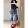 Calça cropped jeans nova, moderna e versátil, corte solto, design lavado, estilo high-street, calça de perna larga de comprimento médio, moda feminina de outono
