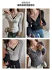 Top de Capa Base con Encaje Patchwork de Cuello en V para Mujer Otoño/Invierno Estilo Coreano Adelgazante Manga Larga Elegante Elástico de Punto Top Interior