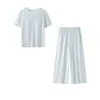 Dropshipping Conjunto de Pijama Feminino Soltinho com Calça Capri, Seda Gelada, Gola Redonda, Blocos de Cor, Bolsos, Roupa de Casa com Sutiã Embutido